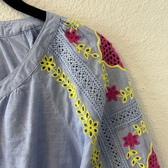 Talbots Top Blouse Womens Petite Med Embroidered Sleeves Blue Peasant Boho - Picture 3 of 11